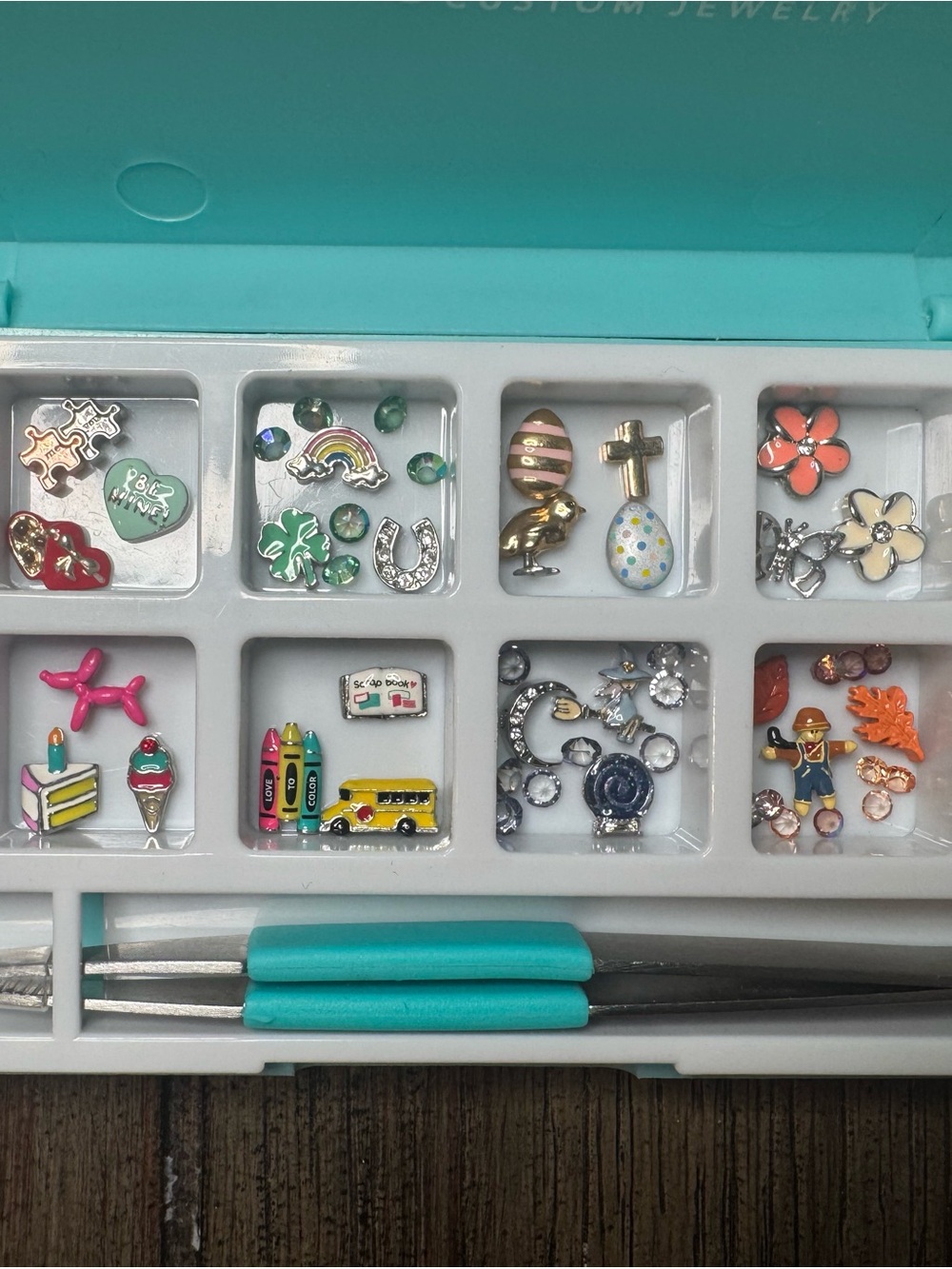 Origami Owl Small Charm Holder Case With Tweezers and 12 Months of Charms